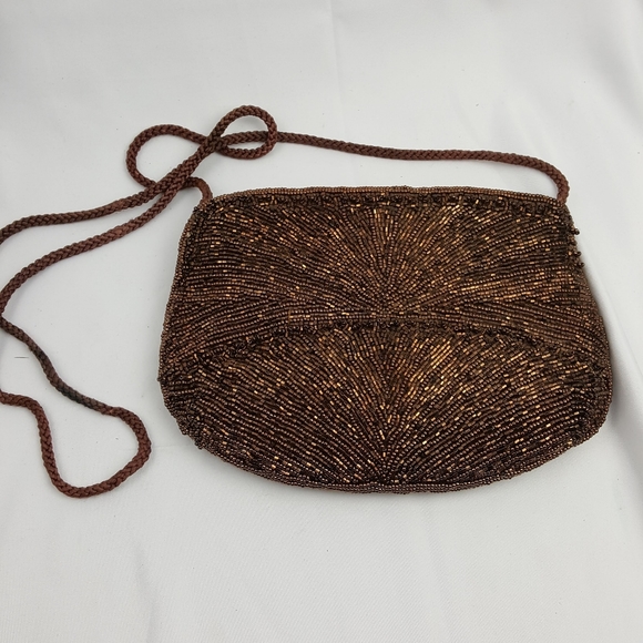 Brown beaded sequin vintage clutch handbag purse - Picture 1 of 8